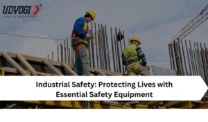 Essential safety equipment displayed in an industrial setting, emphasizing the importance of protecting lives at work.