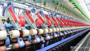 A large machine displaying various types of colorful yarn spools arranged neatly for textile production.