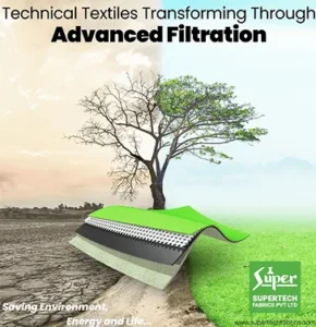 Poster displaying the phrase "technical textiles transforming through advanced filtration" in bold typography.